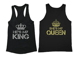 Couples Matching Tanks King Queen Vintage Distressed Racerback + Tanktop Black - Picture 1 of 1