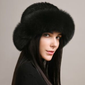 Women's Real Mink Fur Hat Knitted Cap Fashion Bowler Top Pot Hat W Fox Fur Trim