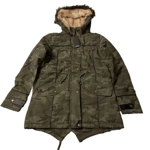 Ladies Camouflage Parka Coat Uk Size 12 .fur Lined Hood - Drawstring Waist. New - Picture 1 of 24
