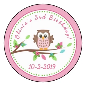 12 Pink Owl Personalized Birthday Party Stickers Favors Labels tags 2.5" Cute - Picture 1 of 1