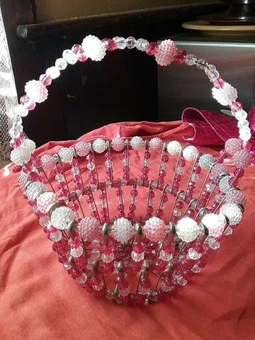 Vintage Fushia Pink & White Bead Safety Pin Basket Cover