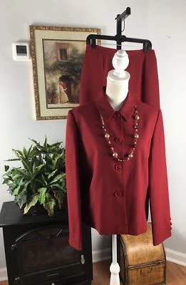 Morgan Miller 2 件套裙套装 12 码红色长袖 4 纽扣内衬领 — 第 1/4 张图片