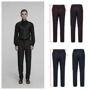 Punk Rave Men Black Gothic Steampunk Striped Slim Fit Pants Elegant LongTrousers - Picture 1 of 35