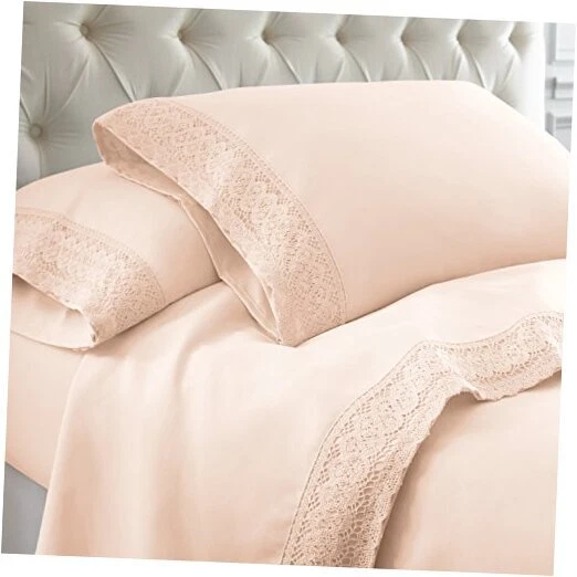 Amrapur Overseas 4-piece Crochet Lace Bed Sheet Set Full Blush