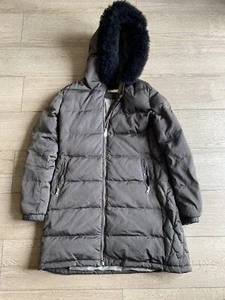 Massimo Dutti Women's Greyish Green Faux Fur Hooded Coat Size Eur XL Chest 38” - Picture 1 of 11