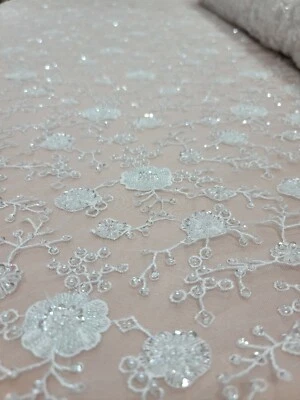 DIVAS TEXTILES White Beaded Bridal Lace Floral Flower Fabric By The Yard Embroidery Sequin Lace