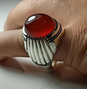 Natural Red Agate Sterling Silver 925 Men Redish Brown Mens Aqeeq Ring - Picture 1 of 2