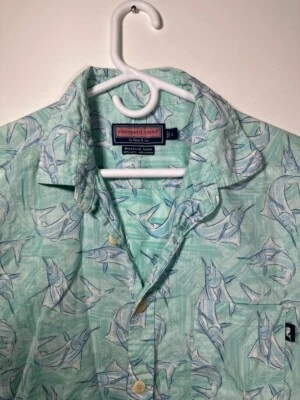 Vineyard Vines Shirt Men Large Blue Fish Linen Blend Wheeler Summer Party Casual - Image 1 of 4