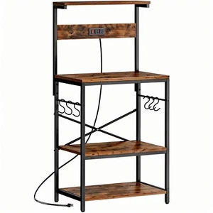 Kitchen Microwave Stand with 6 Hooks - Rustic Brown Storage Shelf Rack - Picture 1 of 7