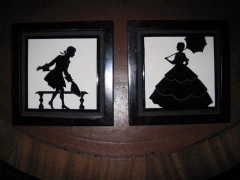 Matched Pair Arts & Crafts  Ceramic Mantle Tiles Black & White Silhouettes c1900 Cover