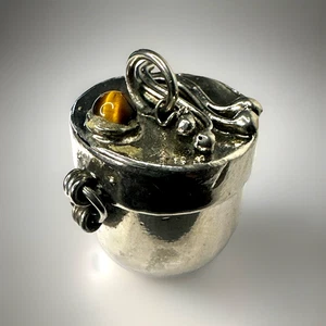 Antique Art Nouveau Sterling Silver Miniature Snuff or Pill Box w/ Tiger’s Eye - Picture 1 of 10