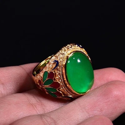 Anillo de jade con incrustaciones Cloisonne ajustable verde esmeralda jadeíta joyería de moda Foto 1 de 4