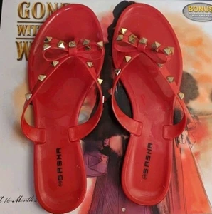 Sasha Womens Studded Jelly Flip Flops Sandals with Bow, Red and Gold, Size 9 - Picture 1 of 5