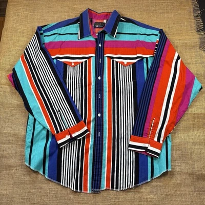 Винтажная тонкая мужская многоцветная полосатая западная рубашка с длинным рукавом Panhandle XL - Изображение 1 из 4