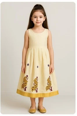 Vintage Dress Sleeveless Linen Gold Trim Lined  Embroidered Peacocks Girls 8/10 - Image 1 of 4