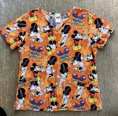 Disney Scrub Top Minni Mickey Orange Halloween Womens Med Colorful - Image 1 of 4