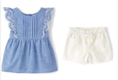 Gymboree Girls Size 12 Blue Chambray Top White Shorts Both Linen Blend New - Image 1 of 4