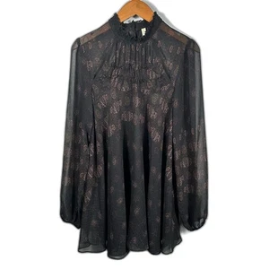 Free People Elegant Black Multicolor Paisley Smocked Tunic Blouse Size Medium - Picture 1 of 16