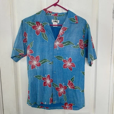 Vintage 80s Island Connection Hawaiian Shirt Adult Small Blue Floral Beach Vtg - Image 1 of 4
