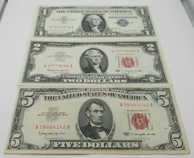 3 Note Lot $1 (1957A Silver Cert) $2 (1963 Red Seal) & $5 (1963 Red Seal) #796 - Image 1 of 4
