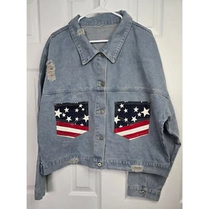 USA Flag Patch Women's Distressed Denim Jacket- Size XL - Picture 1 of 4