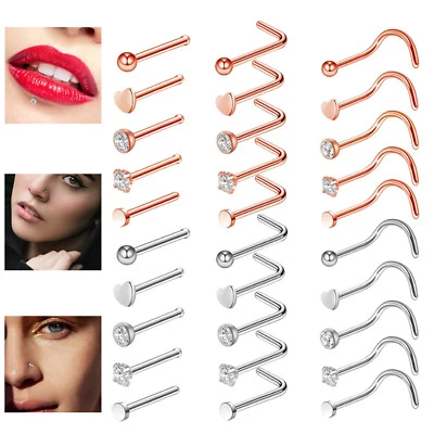 5-30PCS Surgical Steel Nose Stud Rings Tiny Screw L-Bend Straight Bone Studs 20G - Image 1 of 4