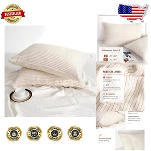 Breathable Linen King Pillowcases Set of 2 - Classic Rust Stripe Design 40"x20" - Picture 1 of 9