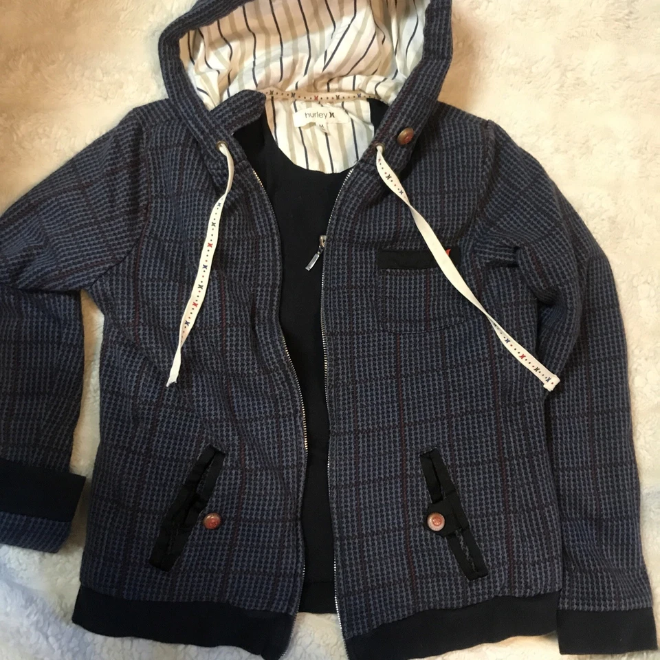 Y2K HURLEY 连帽衫男孩重型中号拉链印花连帽运动衫拉手 — 第 1/4 张图片