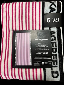 KARL LAGERFELD Cotton Beach Pool Towel Logo 36” X 72” Red White Black Stripes - Picture 1 of 3