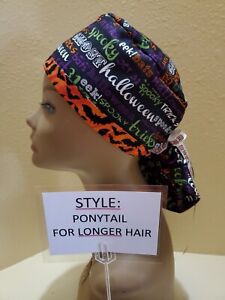 Halloween (words) Women's Ponytail Surgical Scrub Hat/Cap Handmade