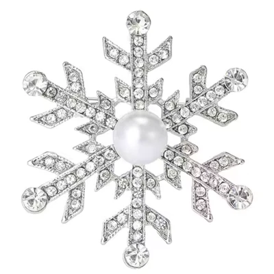 圣诞雪花胸针水晶珍珠银胸针,节日冬季珠宝礼品 — 第 1/4 张图片