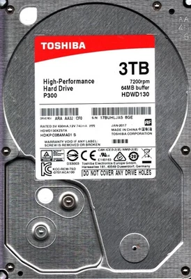 HDWD130XZSTA P/N:HDKPC08AMA01 S Rev: ARA AA32/CF0 3TB JAN 2017 CHINA TOSHIBA - Image 1 of 2