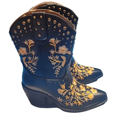 NIB Wetkiss Black Yellow Floral Embroidered Studded Western Cowboy Boots W US 6 - Image 1 of 4