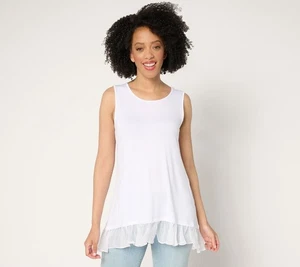 LOGO Layers by Lori Goldstein Knit Tank with Hi-Low Chiffon Hem White Small - Picture 1 of 2