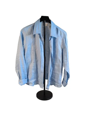 Liz Claiborne 10 码亚麻衬衫天空蓝色纽扣袖口领经典 — 第 1/4 张图片