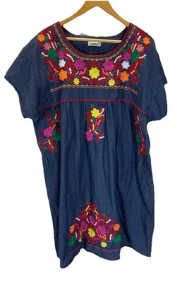 handmade Mexican Patio Dress Heavily embroidered Denim Colorful Plus Size XL-2X - Image 1 of 4