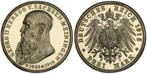 DEUTSCHES ST. Sachsen-Meiningen. Bernhard III. 1915 AR 3 Mark. PCGS PR67DCAM J-155 - Bild 1 von 1