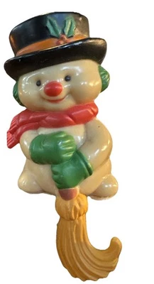 Vintage Christmas Snowman Broom Hanger Stocking Holder Hard Plastic 5.5” - Image 1 of 4
