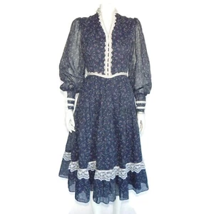 GUNNE SAX Vintage Blue Prairie Dress Lace Beaded Calico Floral Cottagecore sz 9 - Picture 1 of 7