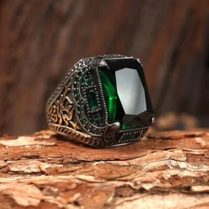 Vintage Green Emerald Ring for Men – Gothic Sterling Silver Statement Ring - Picture 1 of 2