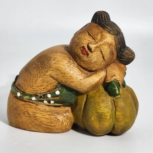 Hand Carved Wooden Sleeping Figure With Pumpkin & Embellished Belt Vintage Decor - Picture 1 of 11