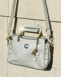 Vintage BMW Beige Leather Studded Purse/Hand Bag/Charms/Bling/Gold Plated Trim - Picture 1 of 15