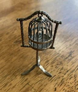 RARE VINTAGE DUTCH .833 SILVER MINIATURE DOLL HOUSE STANDING BIRDCAGE with BIRD - Picture 1 of 7