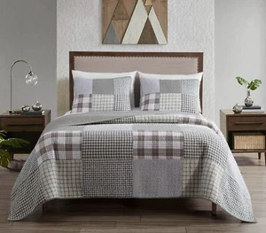 Windowpane Washed Cotton Coverlet Bedspread Buffalo Plaid Patchwork Quilt Set - Picture 1 of 6