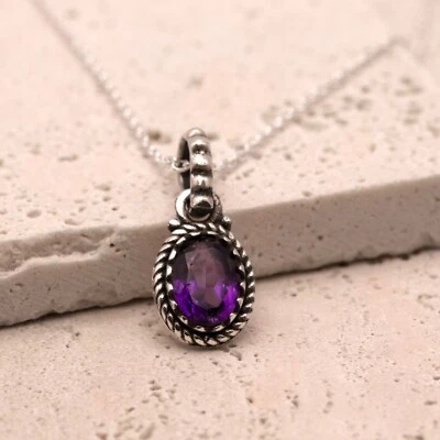 Collar colgante vintage de plata de ley 925 con piedras preciosas de amatista púrpura para dama Foto 1 de 4
