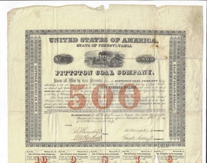 PENNSYLVANIA 1857 Pittston Coal Company Stock Certificate Herman Haupt #72 - Picture 1 of 3