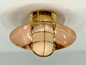 Old Antique Original Brass Cargo Light with White Glass & Copper Shade Set of 2 - Picture 1 of 8
