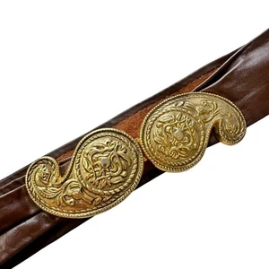 Vintage 1970er Gold Messing Paisley Schnalle braun Leder Taillengürtel 27" - Bild 1 von 7