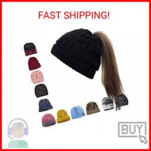 Womens Ponytail Beanie Hat with Button for Mask,Criss Cross Winter High Messy Bu - Picture 1 of 2