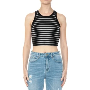 Damen gerippt garngefärbt Streifen Rundhals Crop Top - Bild 1 von 2